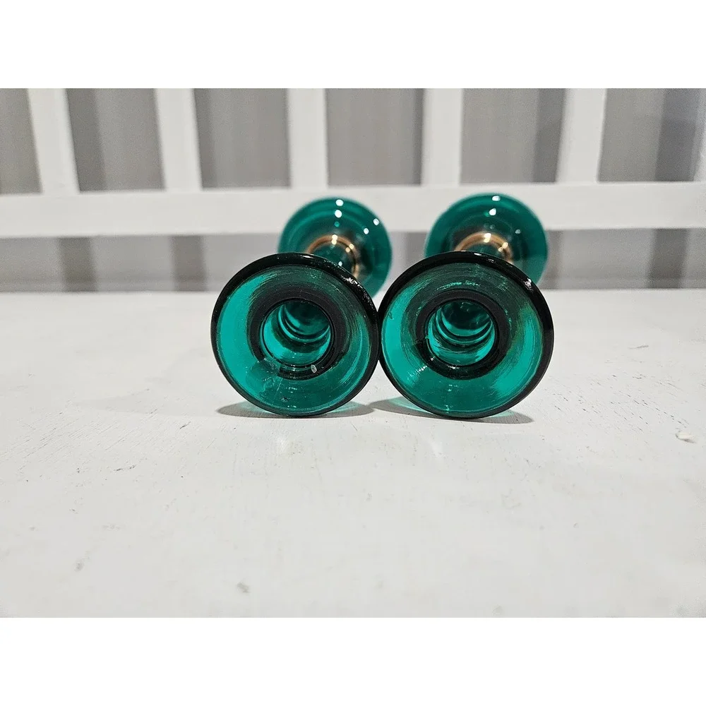 Vtg Pier 1 Emerald Green Glass Blown Glass Candle Holders, Made in Spain, 7.75